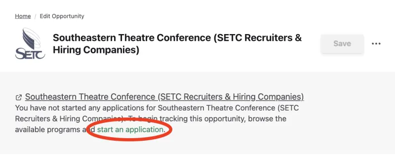 SETC Recruiters & Hiring Companies with "Start an Application" circled in red