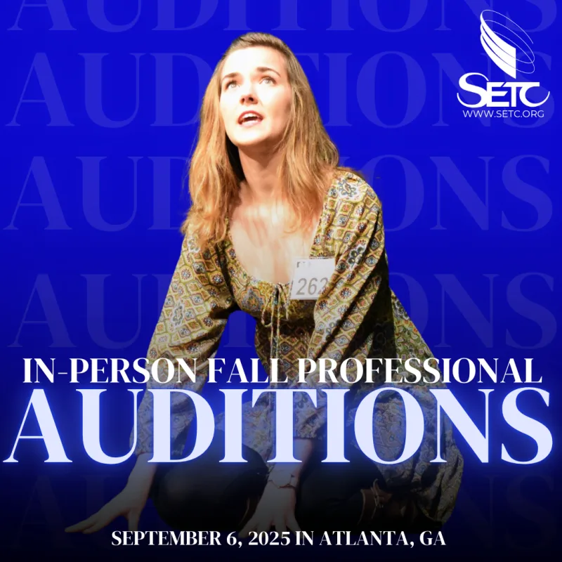 An actor in the middle of an audition. Below her, text reading, "In-person Fall Professional Auditions".